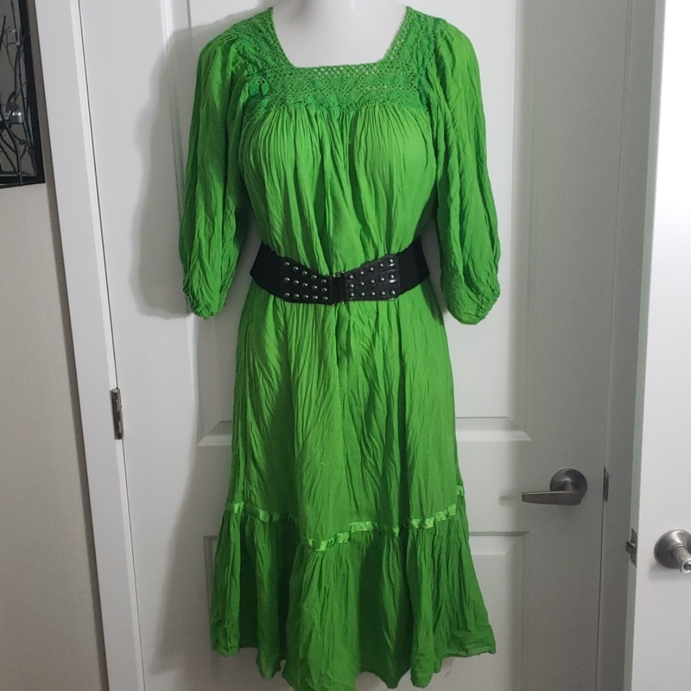 Vibrant Green Crochet Neck Peasant Midi Dress